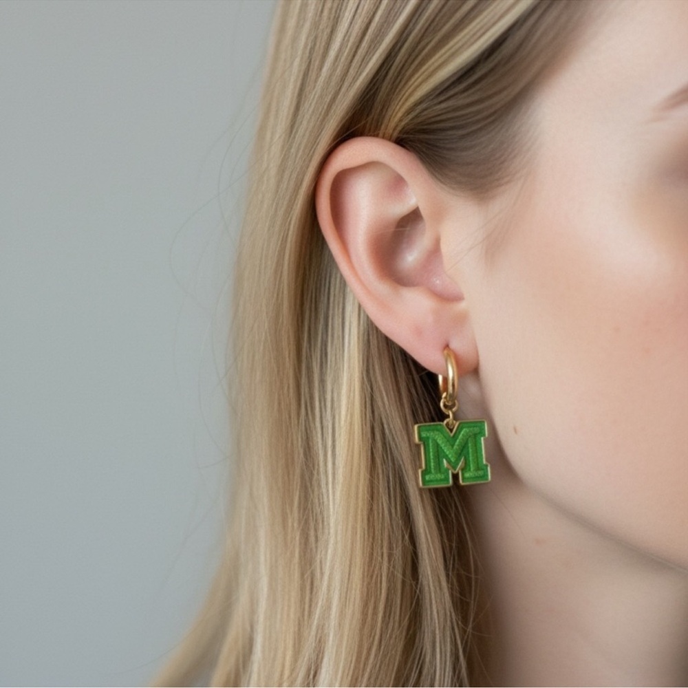 Green Initial 'M' Earrings - Picture 2 of 2